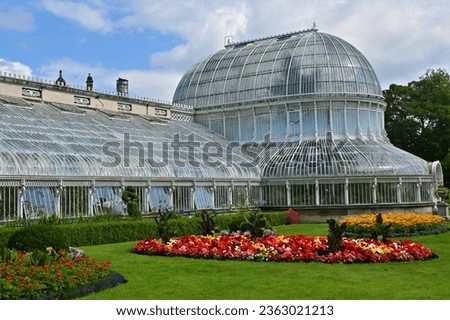 An exterior view of the large greenhouse in the Botanical Gardens in Belfast.
