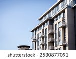 Exterior view of modern apartment building. New construction apartment or condo complex. Modern new residential apartment house building complex