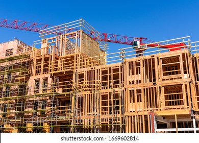 Exterior view of multifamily residential building under construction in Palo Alto; the entire Silicon Valley and San Francisco Bay Area is facing a housing crisis, with increased housing costs