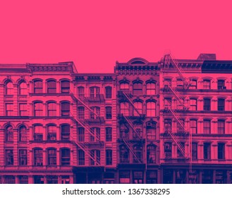 Exterior View Of Old Buildings In SoHo New York City With Pink And Blue Duotone Color Effect