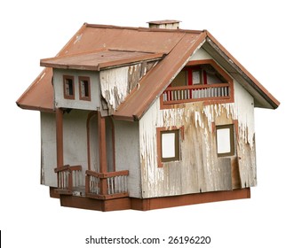 Exterior View Of An Old House On White Background With Clipping Path