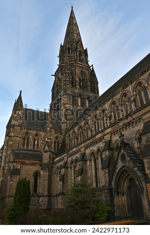 An exterior view of an old stone church building in the city of Edinburgh in Scotland.