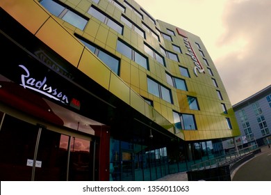 Exterior view of the Radisson Red hotel ON THE River Clyde in Glasgow city. Part of the Radisson Hotel chain. Port of Glasgow, Scotland Uk. April 2019
