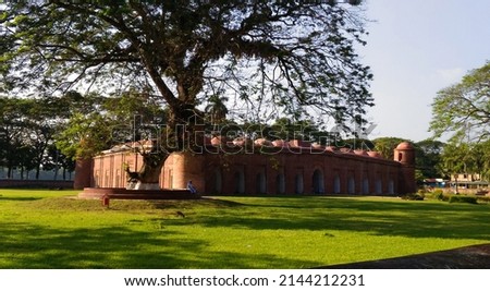The exterior view of Shat Gombuj or Sixty Dome Mosque in Bagerhat, Bangladesh. It is a famous UNESCO World Heritage site