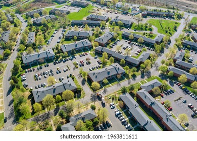 Exterior View Small American Town Residential Apartment Complex In Street And Home