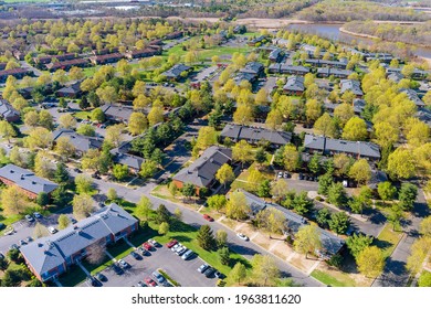 Exterior View Small American Town Residential Apartment Complex In Street And Home