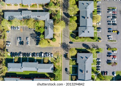 Exterior View Small American Town Residential Apartment Complex In Street And Home