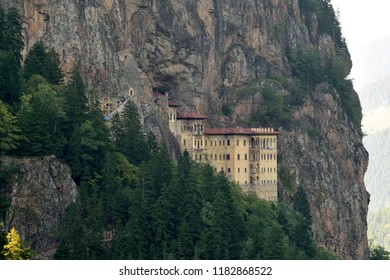 Exterior view of Sumela Monastery in the mountains on the Black Sea coast of Turkey. 
