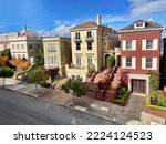 Exterior view of typical low rise  residential single family homes on Vallejo street in upscale Pacific Heights neighborhood of San Francisco, California.