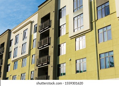 Exterior View Of Typical New Multifamily Mid-rise Residential Building. The Buildings Usually Rental Apartments, College Dorms, Condominiums, Or Assisted-living Facilities.