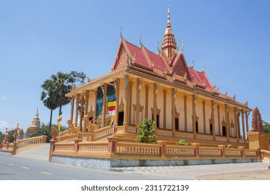 Exterior view of the Xiem Can pagoda under blue sky. Xiem Can pagoda is one of the biggest and most splendid Khmer pagodas in southern Vietnam
