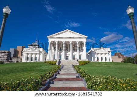 Exterior of the Virginia State Capitol building in Richmond, Virginia, designed by Thomas Jefferson