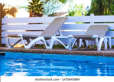 Exterior White Lounge Furniture Near Swimming Pool Back Yard Suburban Villa Space For Relaxing In Free Time 