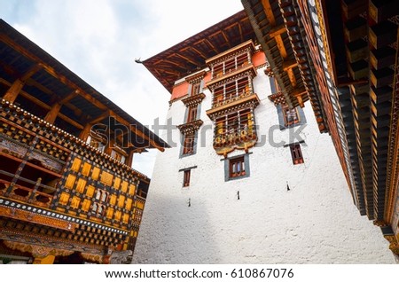 Exteriors of Tashichho Dzong or Thimphu Dzong in Thimphu, Bhutan
