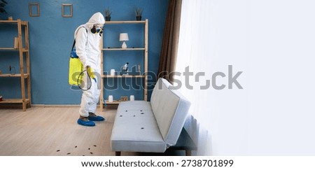 Exterminator from pest control service using spray and insecticide disinfecting at home, targeting insect cockroaches with effective treatment. copy space. banner