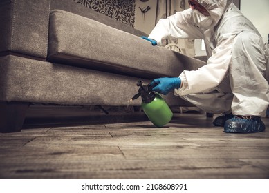 An Exterminator In Work Clothes Sprays Pesticides With A Spray Gun. Fight Against Insects In Apartments And Houses. Disinsection Of The Premises.