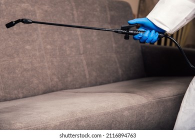 An Exterminator In Work Clothes Sprays Pesticides With A Spray Gun. Fight Against Insects In Apartments And Houses. Disinsection Of The Premises.