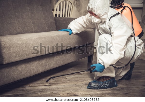 An exterminator in work clothes sprays\
pesticides with a spray gun. Fight against insects in apartments\
and houses. Disinsection of the\
premises.