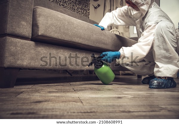 An exterminator in work clothes sprays
pesticides with a spray gun. Fight against insects in apartments
and houses. Disinsection of the
premises.