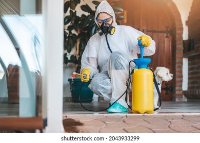 Exterminator In Work Wear Outdoors Spraying Pesticide With Sprayer.