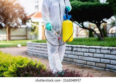 Exterminator In Work Wear Outdoors Spraying Plants With A Natural Insecticide.