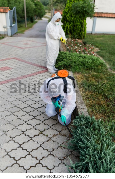 Exterminators outdoors in work wear spraying pesticide\
with sprayer. 