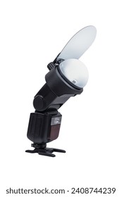 External camera flash with flash diffuser isolated on white background.