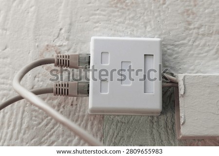 External dual-port socket with connected ethernet cables closeup