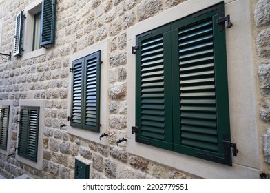 External Green Plastic Shutters On Windows, Home Improvement Concept