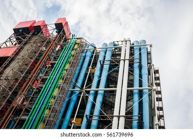 External installations, structure and colored pipelines making the facade of a building