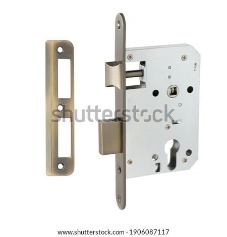 External mortise lock with a rectangular bolt and a latch in bronze with a tongue strike plate and in a steel-colored case on a white background