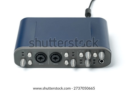 External professional audio interface for music recording and sound production isolated on white background