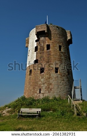 An external view of a German World War Two military observation tower at Le Hocq on the scenic coast of Jersey in the Channel Islands. 