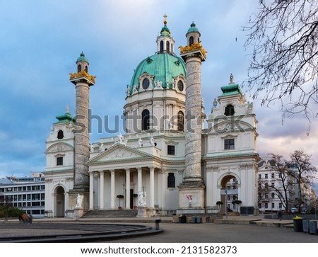 External view of St. Charles Church (Karlskirche) on Karlsplatz in Vienna, Austria.
