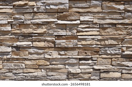 External wall coating made of stacked bricks of yellow, brown, beige and white stones. Panels for exterior. Background and texture.