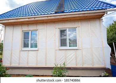 External Wall Insulation In Wooden House,  Building Under Construction