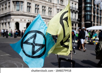 Extinction Rebellion flag during a protest in London