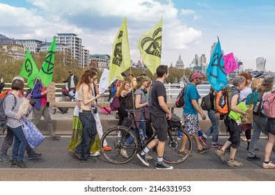 Extinction Rebellion protest on Waterloo Bridge against the use of fossil fuels and to raise awareness of climate change. London - 15th April 2022