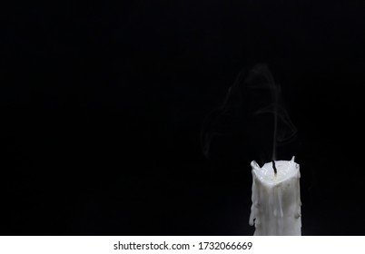 Extinguished Candle With Smoke. White Candle Wick Blow Out. Memory Photo. One Candle With Fire On Black. In Memoriam Banner Template With Text Place. Church Candle For Memory Of Gone Relatives