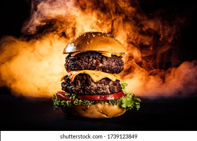 
extra large burger with background flame