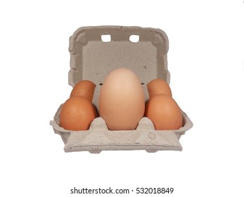 Extra large chicken egg weighing 109gms, in an egg box of large eggs to give an indication of size.