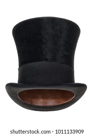Extra tall black vintage top hat, isolated on white background. Straight front view. Tilted up a little, showing the interior leather band.