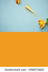 Extra Wide Banner In Teal And Orange Style. Vertical Photo. Alstroemeria Flowers And Sequins