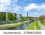 Extra wide panorama of view of Ostrava new city hall from the Ostravice river