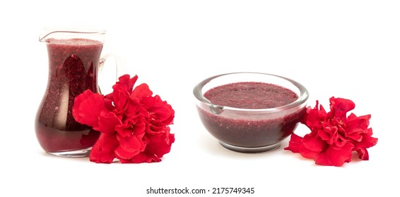 Extract With Red Hibiscus Flowers  Isolated On White Background.