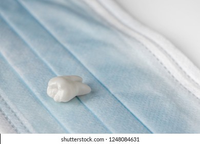 Extracted Molar Lies On A Blue Mouthguard. Close Up White Background