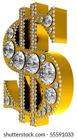 Extralarge resolution. Golden 3D Dollar symbol incrusted with diamonds isolated over white. Other gems are in my portfolio.