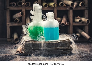 Extraordinary alchemist laboratory full of medieval and old scrolls