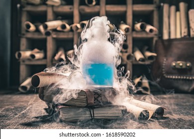 Extraordinary alchemist laboratory with unique scrolls and manuscripts