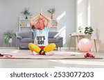 Extraordinary approach to yoga. Man in horse mask is doing funny yoga and performing asana in cozy home interior. Eccentric man sits in lotus position on yoga mat with horse mask on his head.